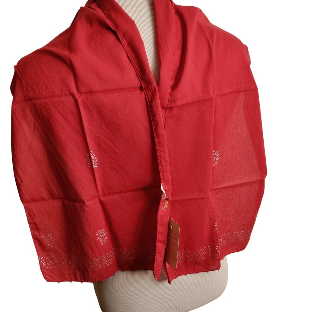 SOMA Made in India Cotton Scarf 12.5"x60" Red Silver Mettalic Pattern Beaded